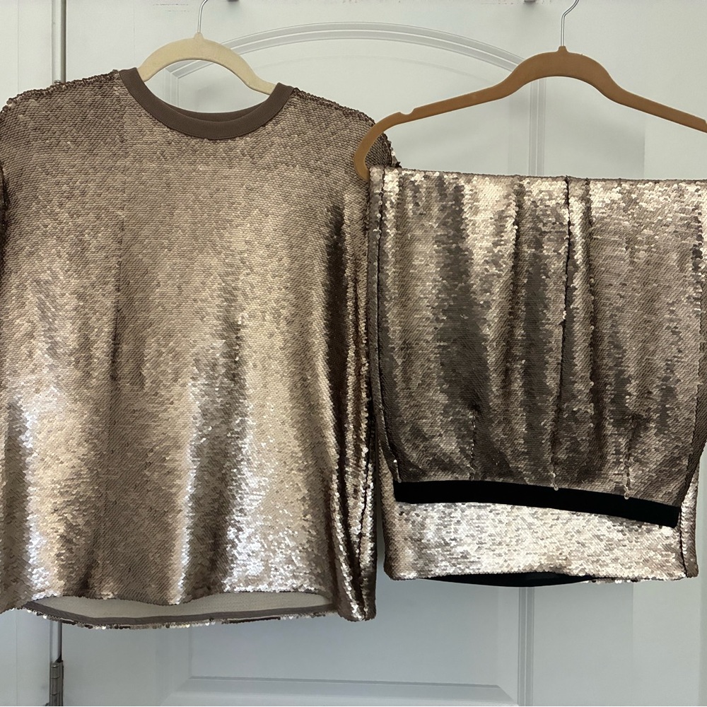 Gold Sequin Midi Skirt and Tee Set